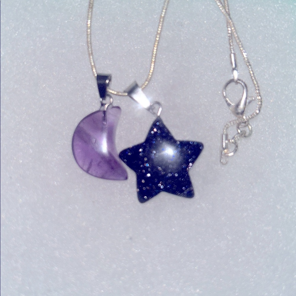 Blue Goldstone Crystal Star ⭐️ and Amethyst Moon 🌙 sterling silver neckl… - Picture 2 of 6